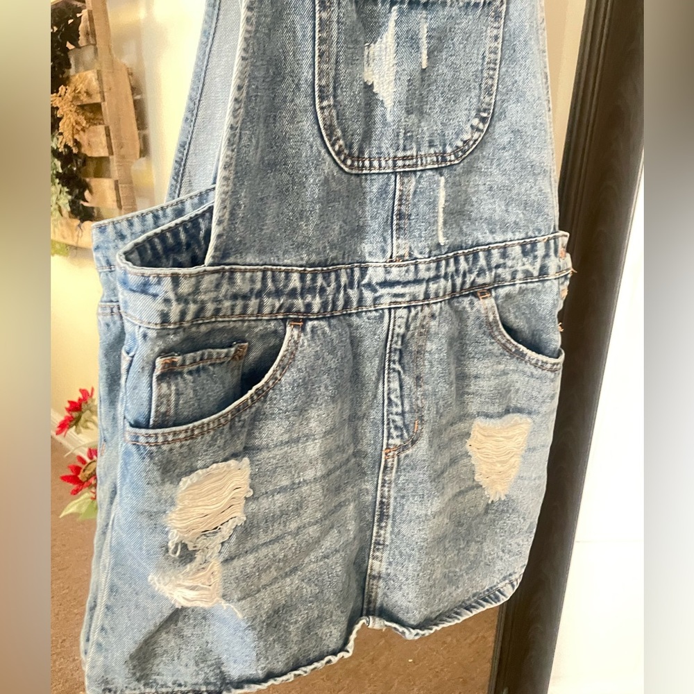 Forever 21 Distressed Mini Overall Dress Denim - Picture 5 of 7